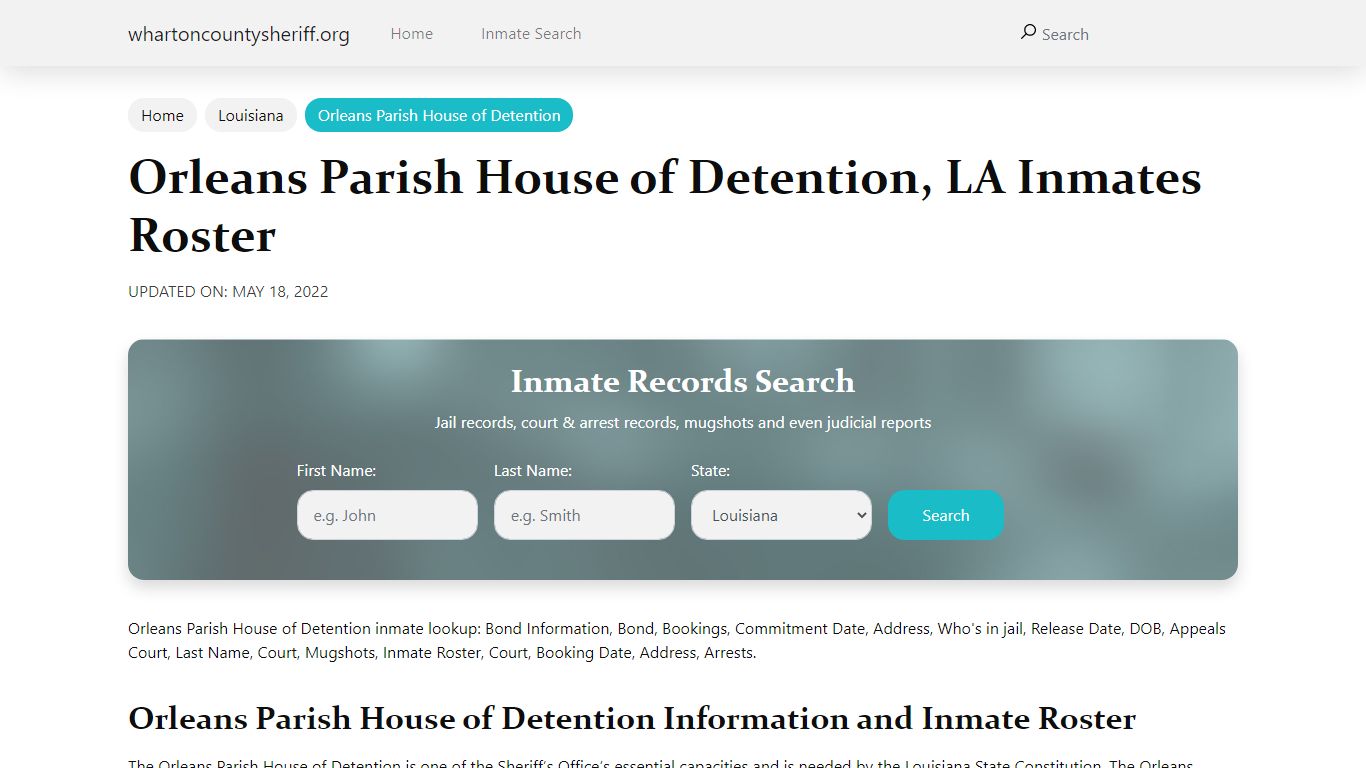 Orleans Parish House of Detention, LA Jail Roster, Name Search