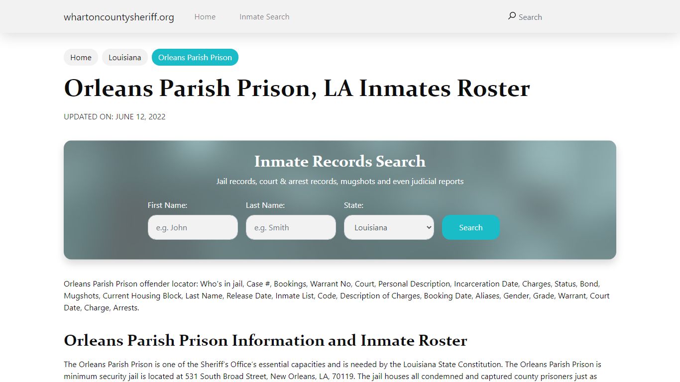 Orleans Parish Prison, LA Jail Roster, Name Search